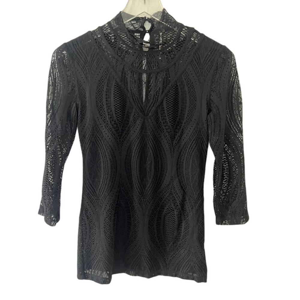 Free People Women's Mock Neck Lace Top S Black 3/4 Sleeve Goth Vamp